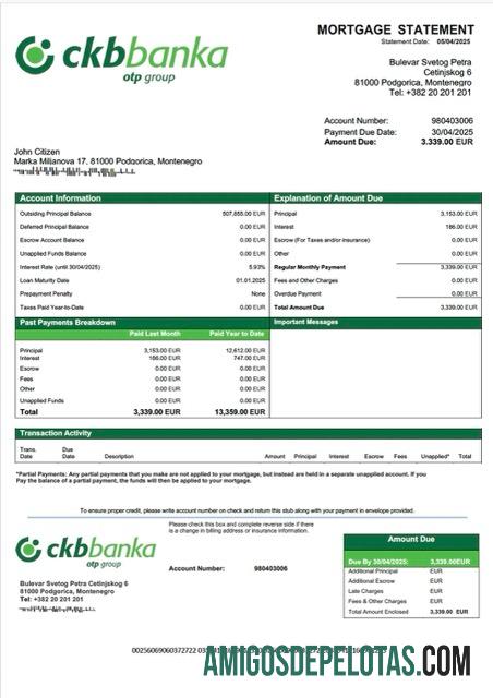 em branco Montenegro Crnogorska Komercijalna Banka Declaração de hipoteca Word e modelo PDF
